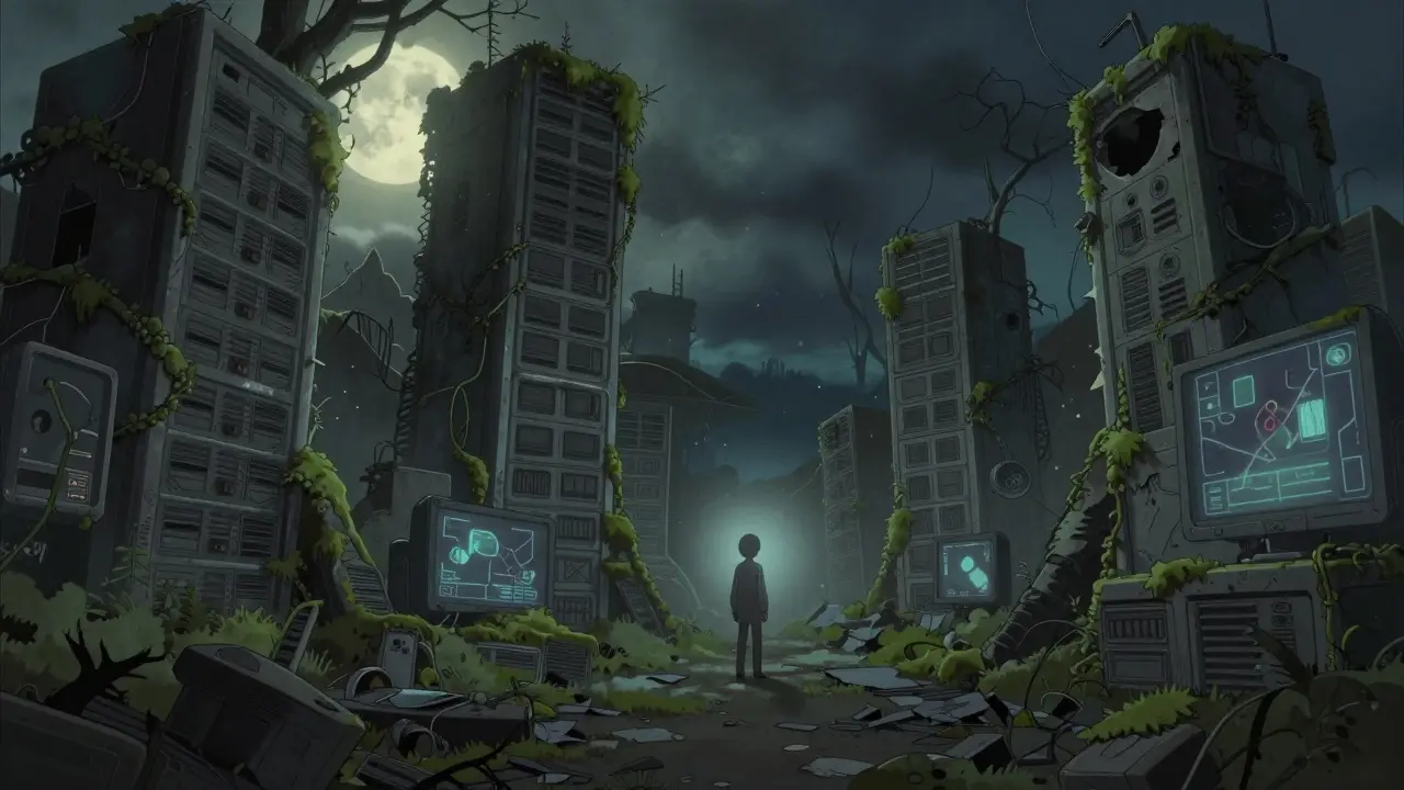 Ghibli-style abandoned tech ruins symbolizing dead crypto project
