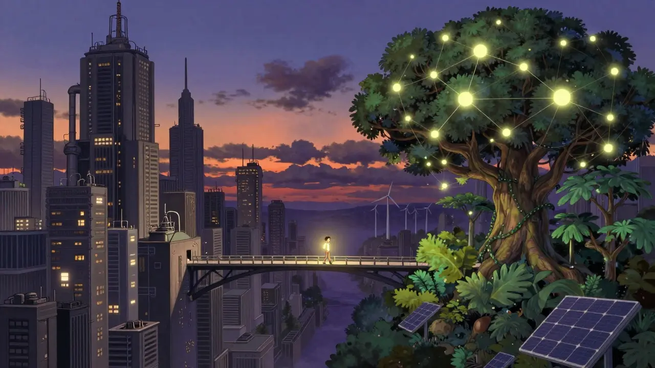 Ghibli-style bridge connecting industrial city to lush blockchain forest at twilight