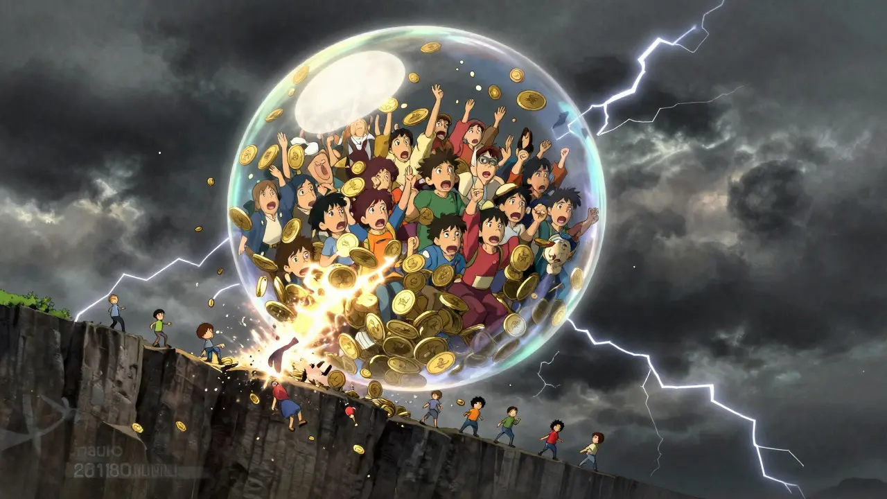 Ghibli-style bursting bubble and cliff representing crypto market crash
