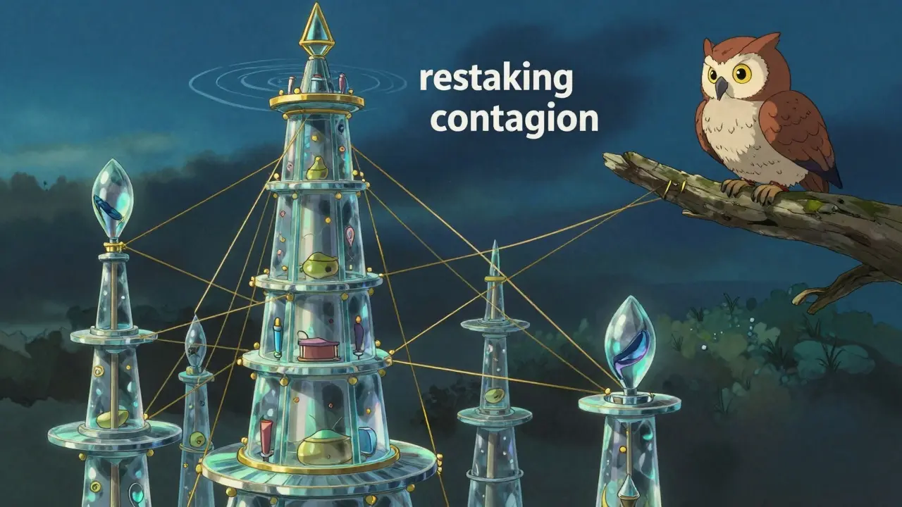 Ghibli-style fragile glass tower stretched by threads, illustrating restaking risks.