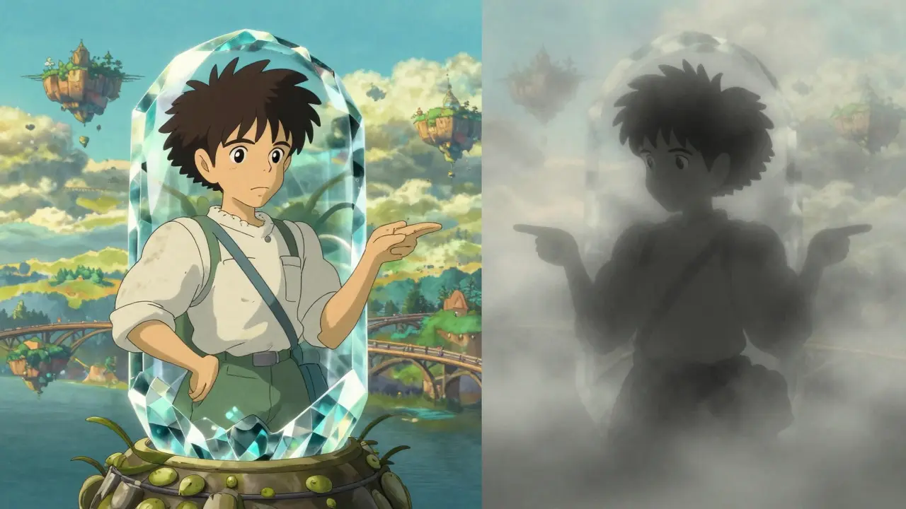 Ghibli-style scene contrasting authentic NFT crystal with fading fake copy in a dreamlike landscape