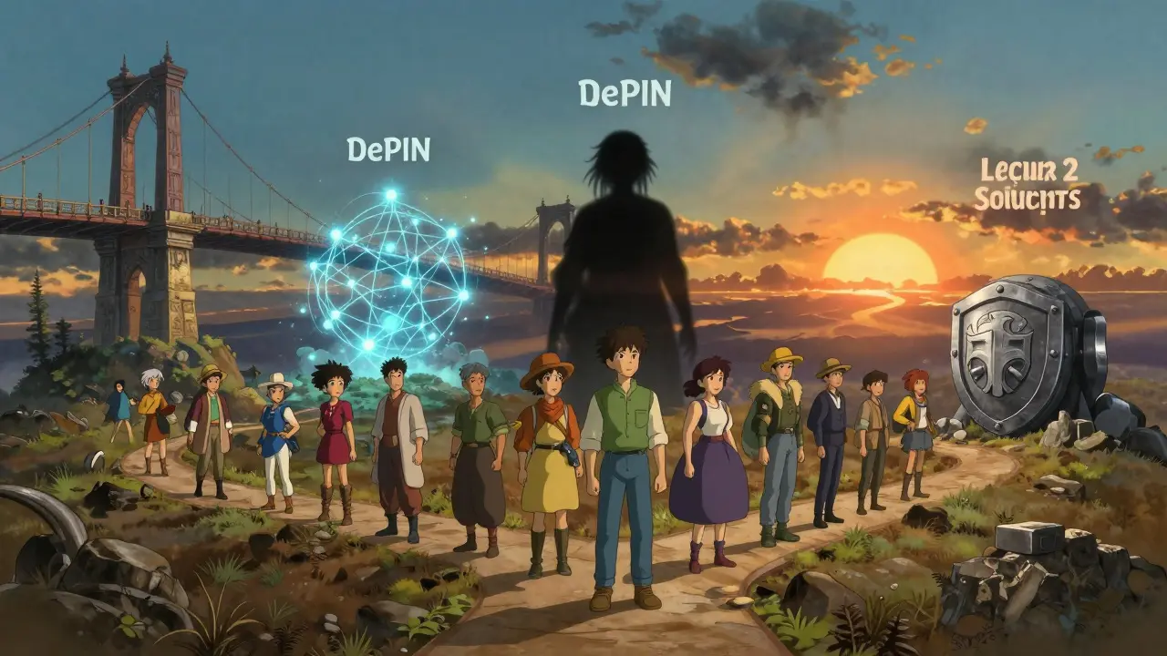 Ghibli style travelers choosing safe paths in a mystical crypto landscape