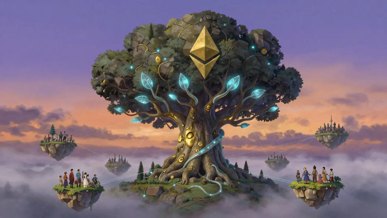 Giant stone tree with glowing blue vines connecting islands, symbolizing blockchain security.