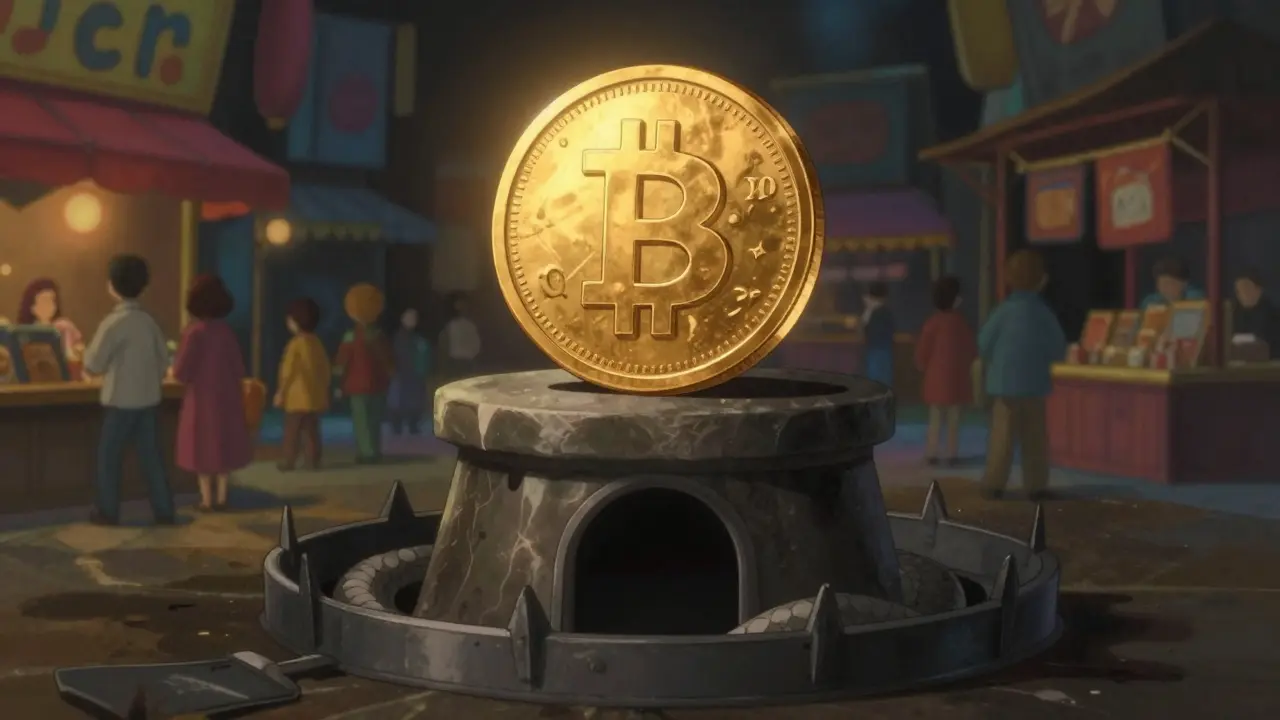 Golden coin on pedestal with shadowy trap underneath symbolizing scams