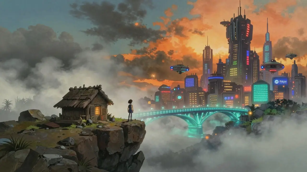 Lonely hut vs bustling city in anime landscape