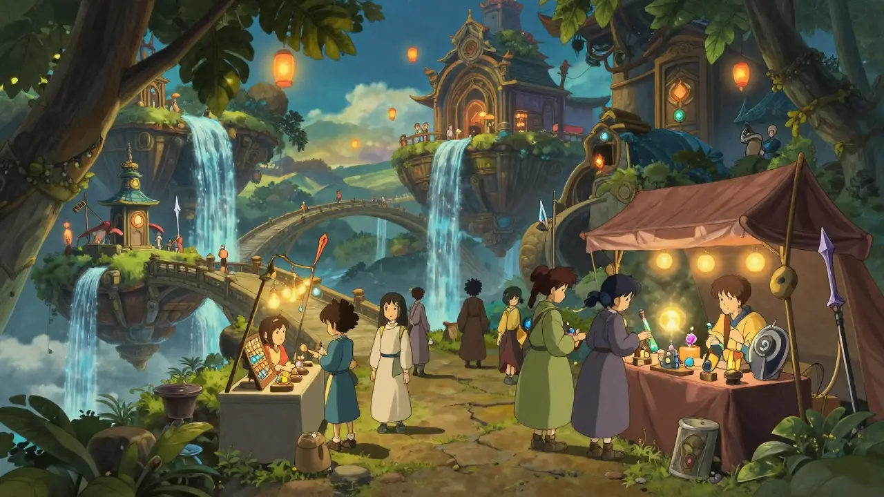 Magical marketplace with floating islands and glowing items