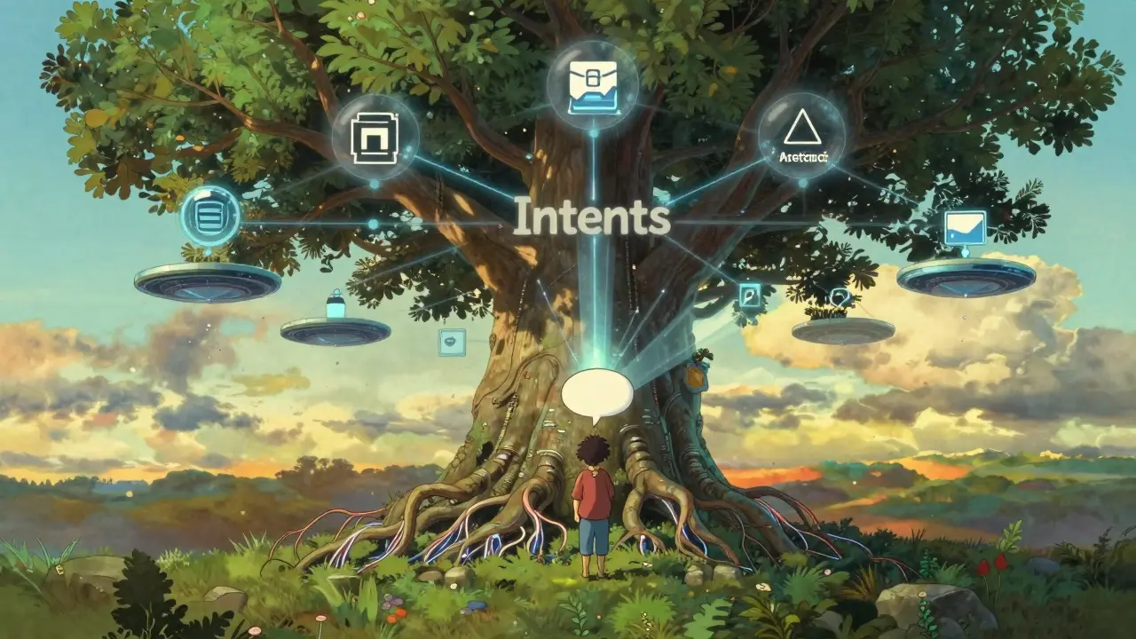Magical tree representing Aperture's intent-based DeFi network in Ghibli style