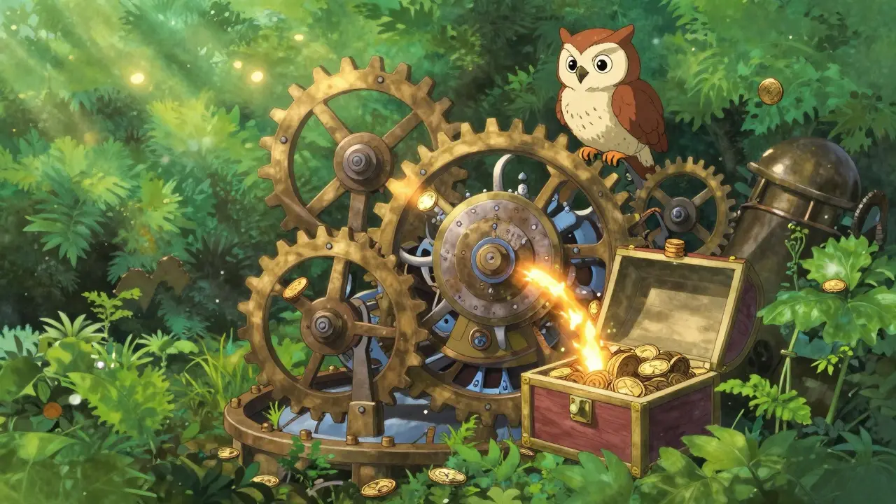 Mechanical clockwork in garden showing coin burning and staking