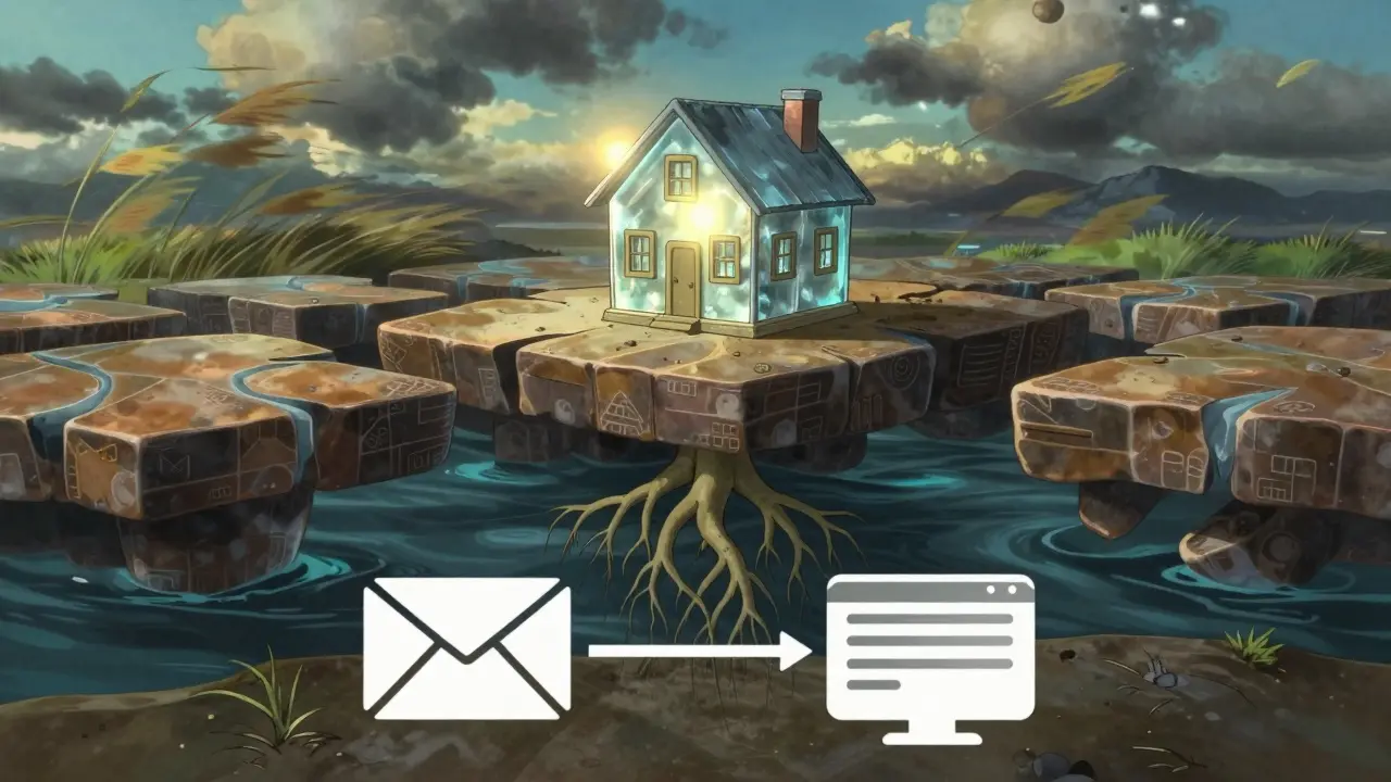 Metaphorical house on shifting plates with roots connecting to stable ground.
