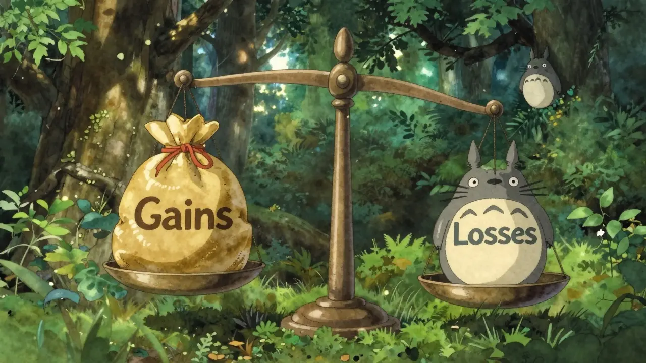 Mystical balance scale showing gains outweighing disappearing losses