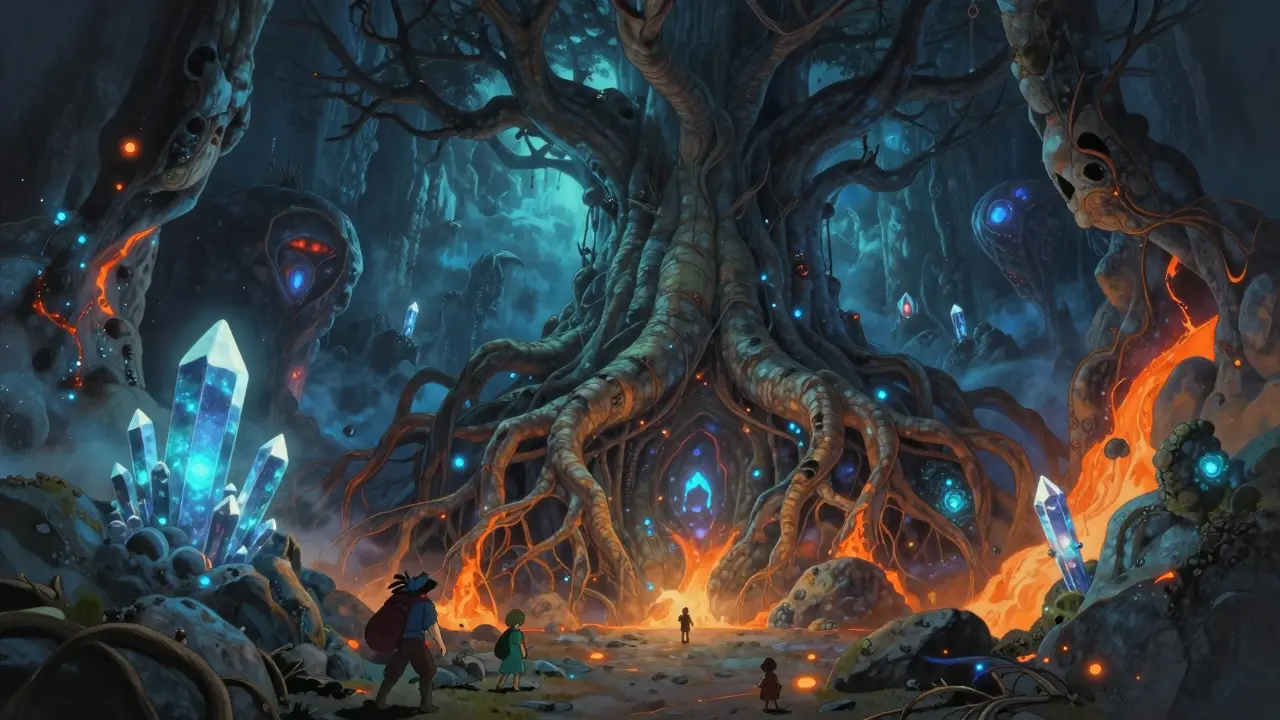 Mystical underground cavern with glowing crystals and roots