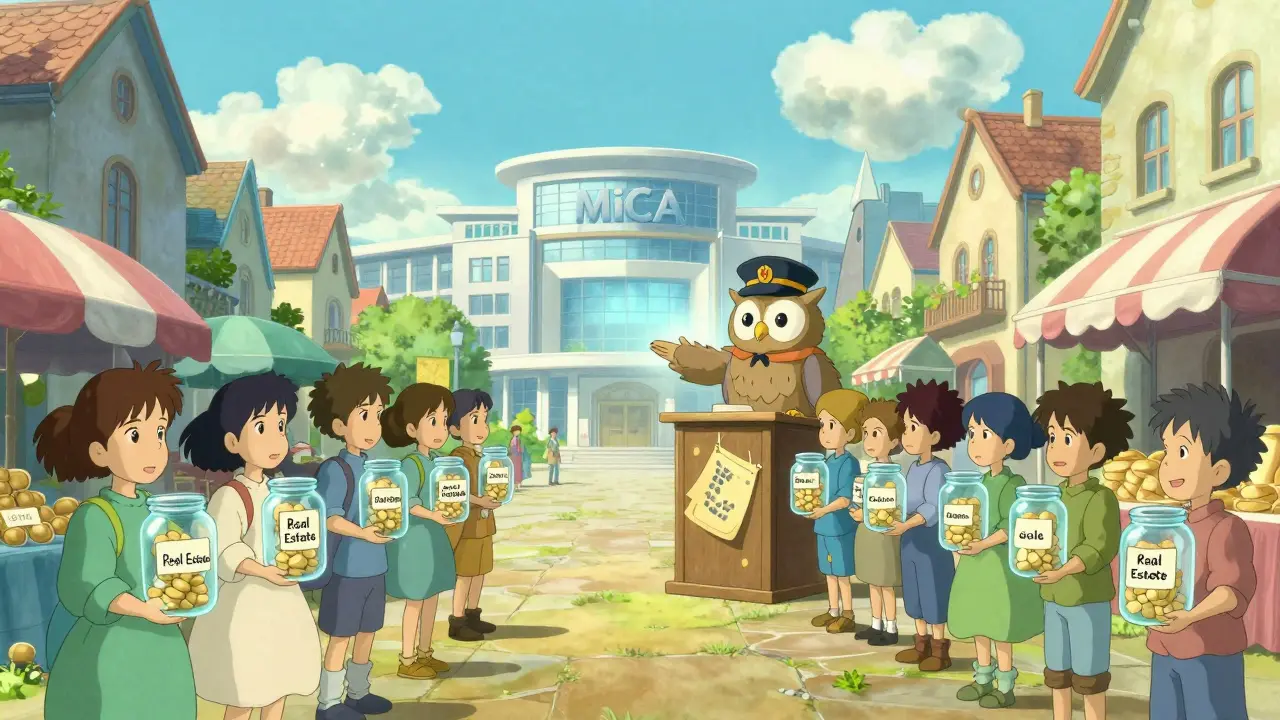 Owl conductor guiding orderly asset trading in a bright European square.