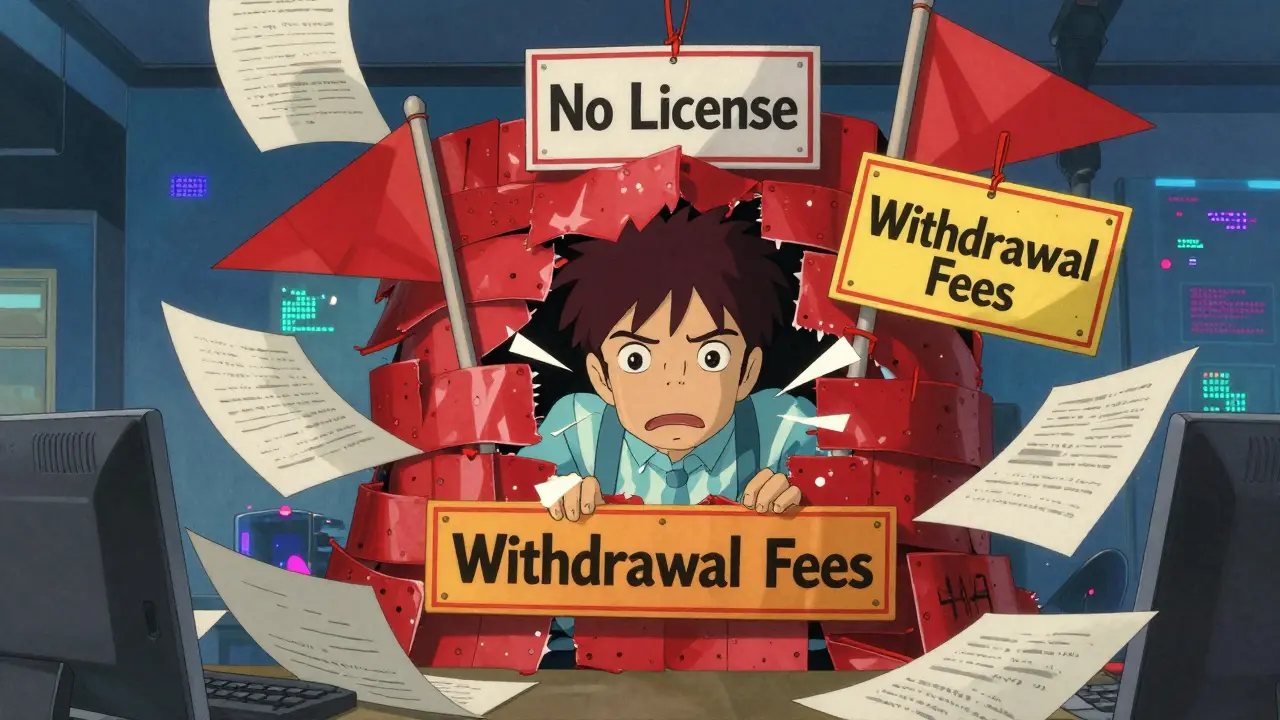 Person trapped by red tape and warning signs in a chaotic, surreal office setting.