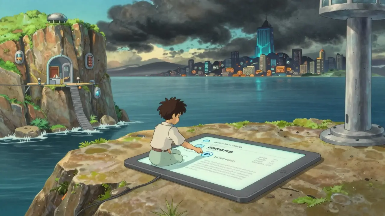 Serene Ghibli-style sanctuary with safe crypto tools overlooking a storm.