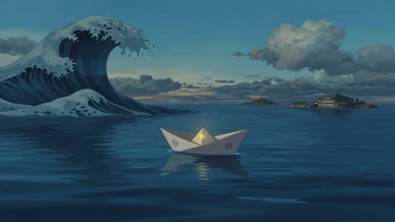 Small paper boat floating on vast ocean representing niche crypto liquidity.