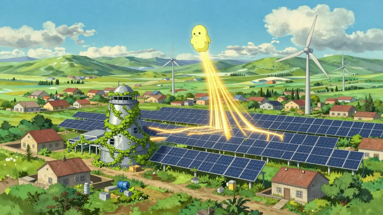Solar panels and wind turbines powering sustainable mining