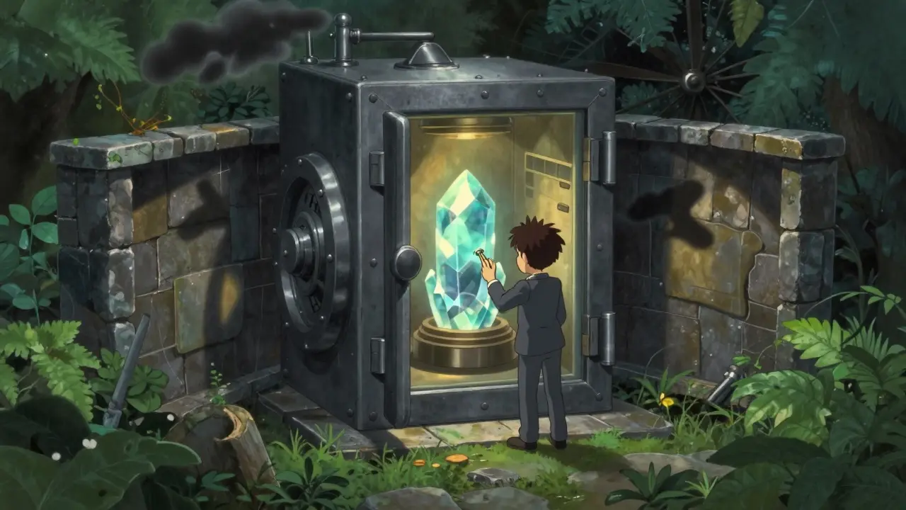 Sturdy vault protecting a glowing asset crystal in a lush garden setting.