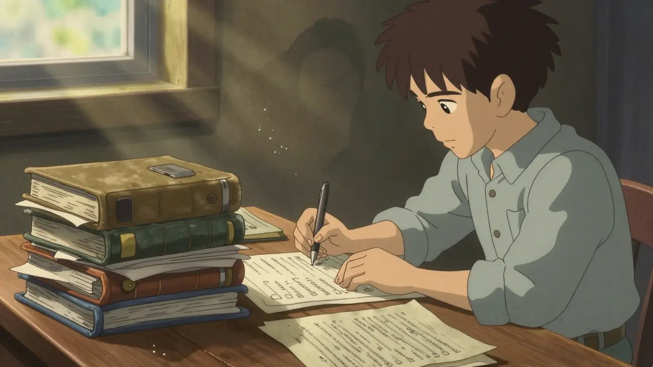 Trader organizing ledgers under sunlight with ominous shadow in background