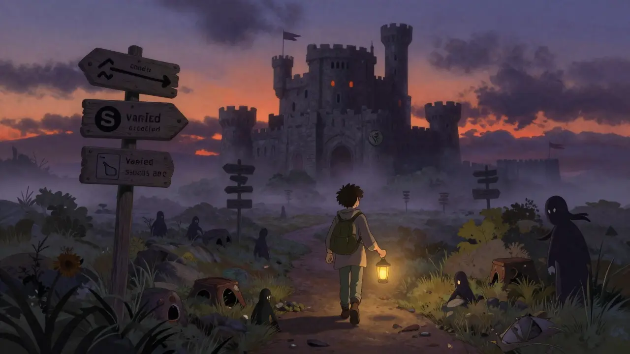 Traveler navigating misty path avoiding scams towards safe castle