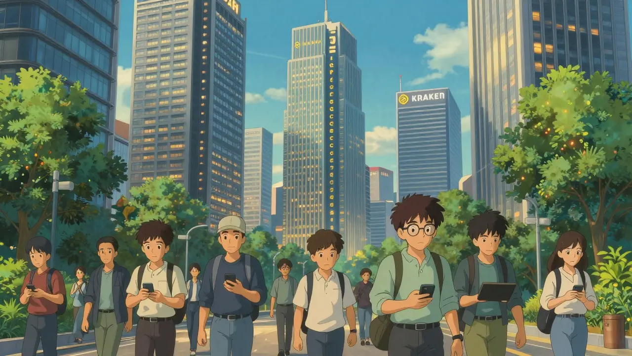 Vibrant anime cityscape showing secure, popular crypto exchange buildings