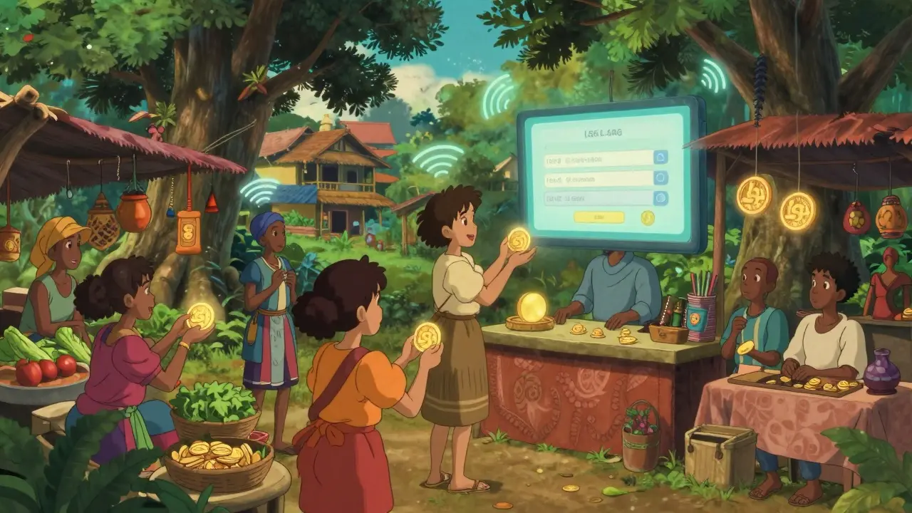 Vibrant marketplace scene showing easy crypto transactions in a lush, animated village.