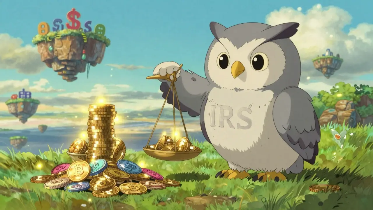 Whimsical anime illustration of crypto assets balanced on a scale