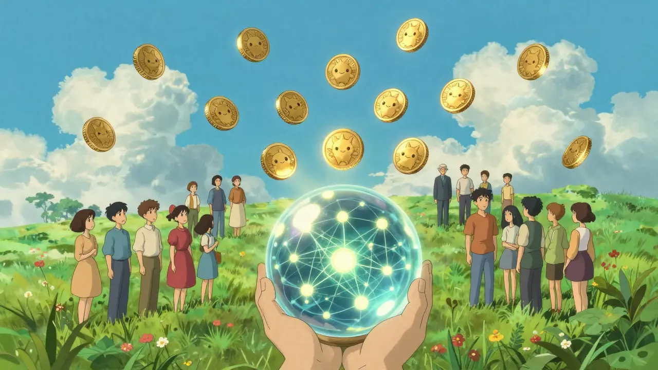 Whimsical Ghibli art of golden tokens floating to users on a sunny hill