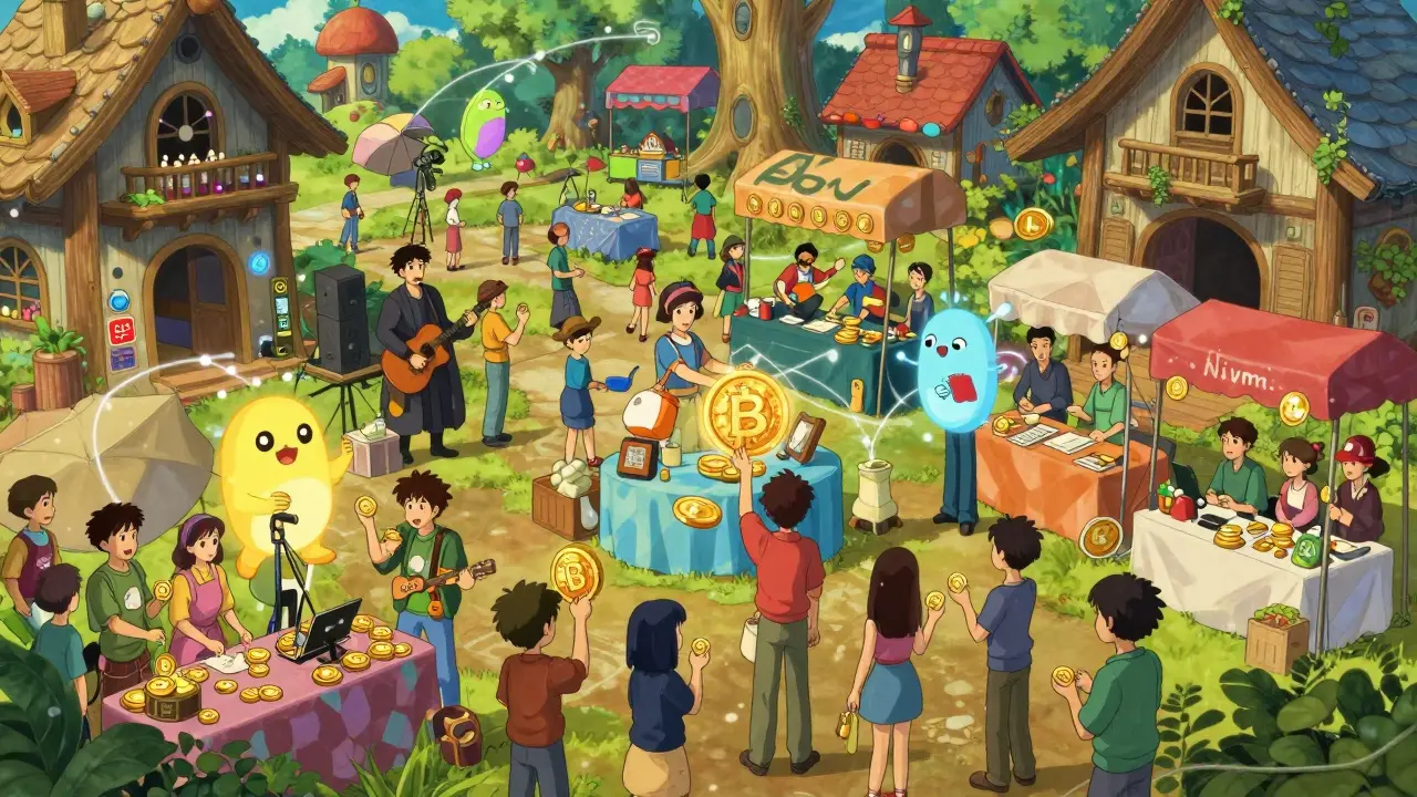 Whimsical Ghibli marketplace showing direct token exchange between creators and fans