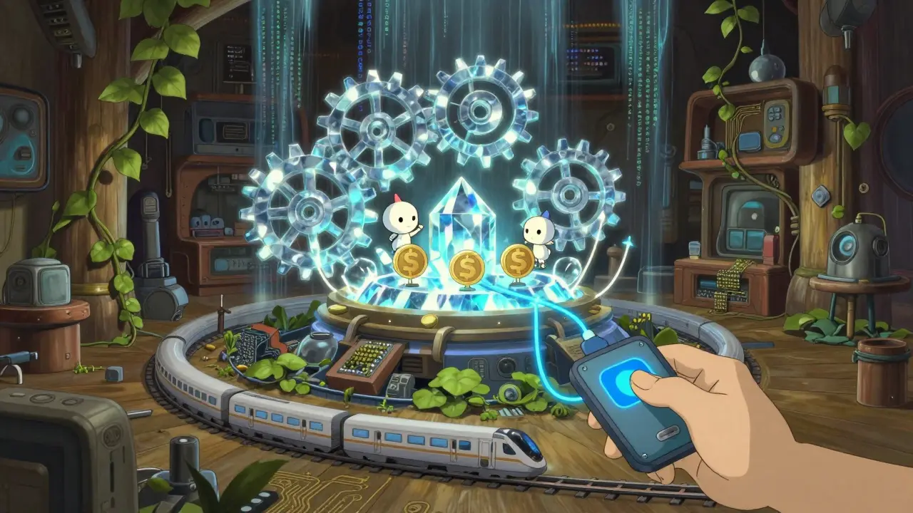 Whimsical mechanical ecosystem with robot spirits managing blockchain tokens.