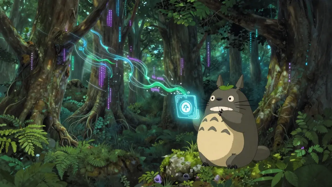 Whimsical spirit interacting with blockchain data streams in forest
