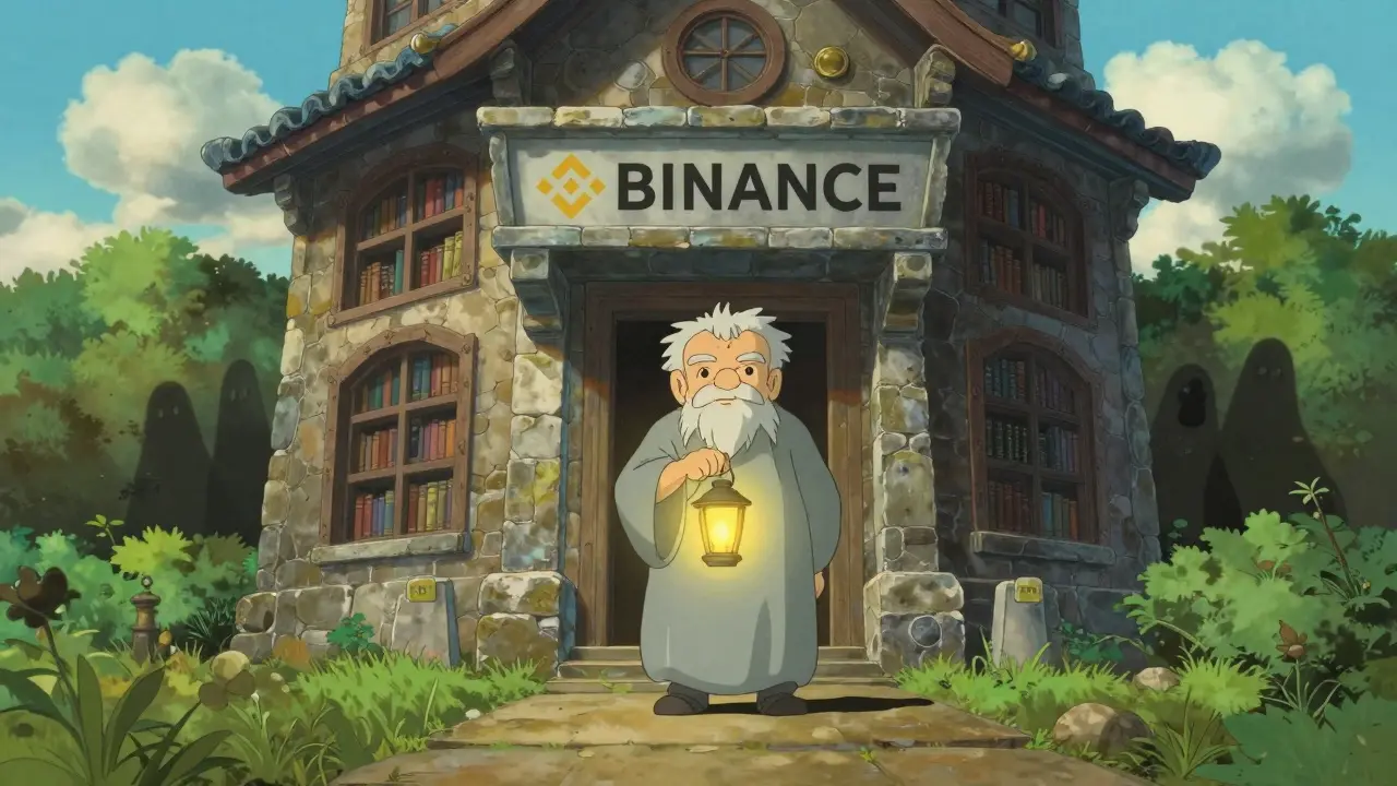 Wise guardian protecting a secure stone building from shadowy scam figures.