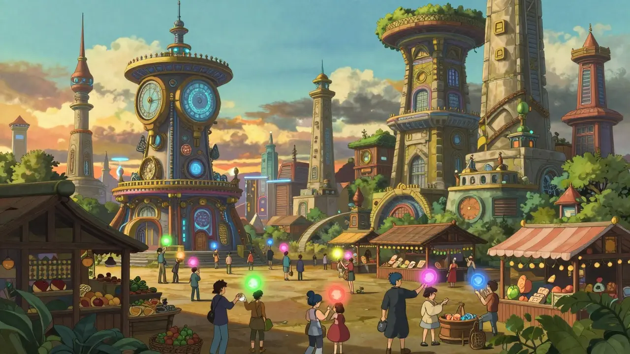 A Ghibli-style futuristic city with markets and towers, illustrating a layered blockchain ecosystem at sunset.