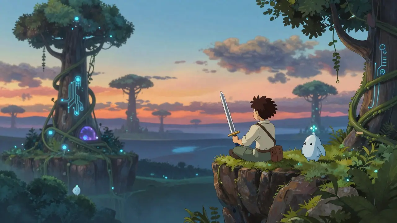 An adventurer on a cliff overlooking a blend of nature and tech, representing true gameplay.