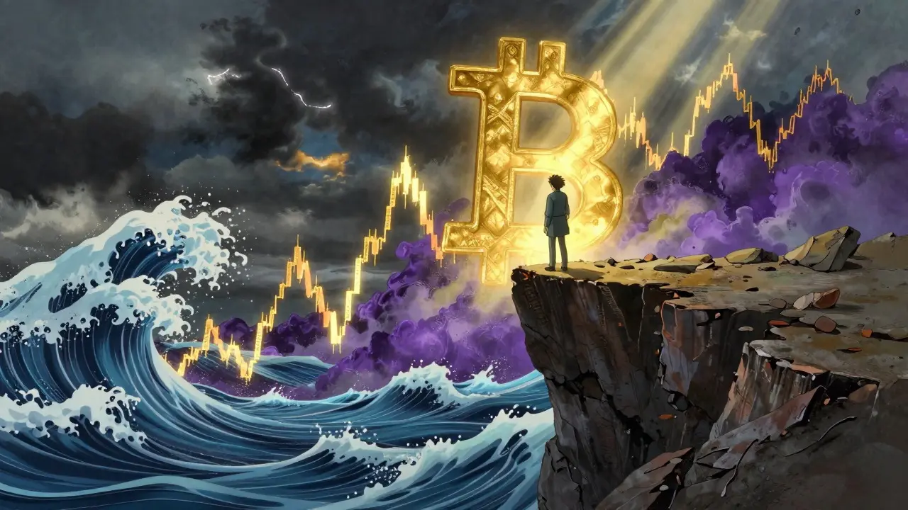Anime landscape showing a figure on a cliff overlooking volatile neon waves