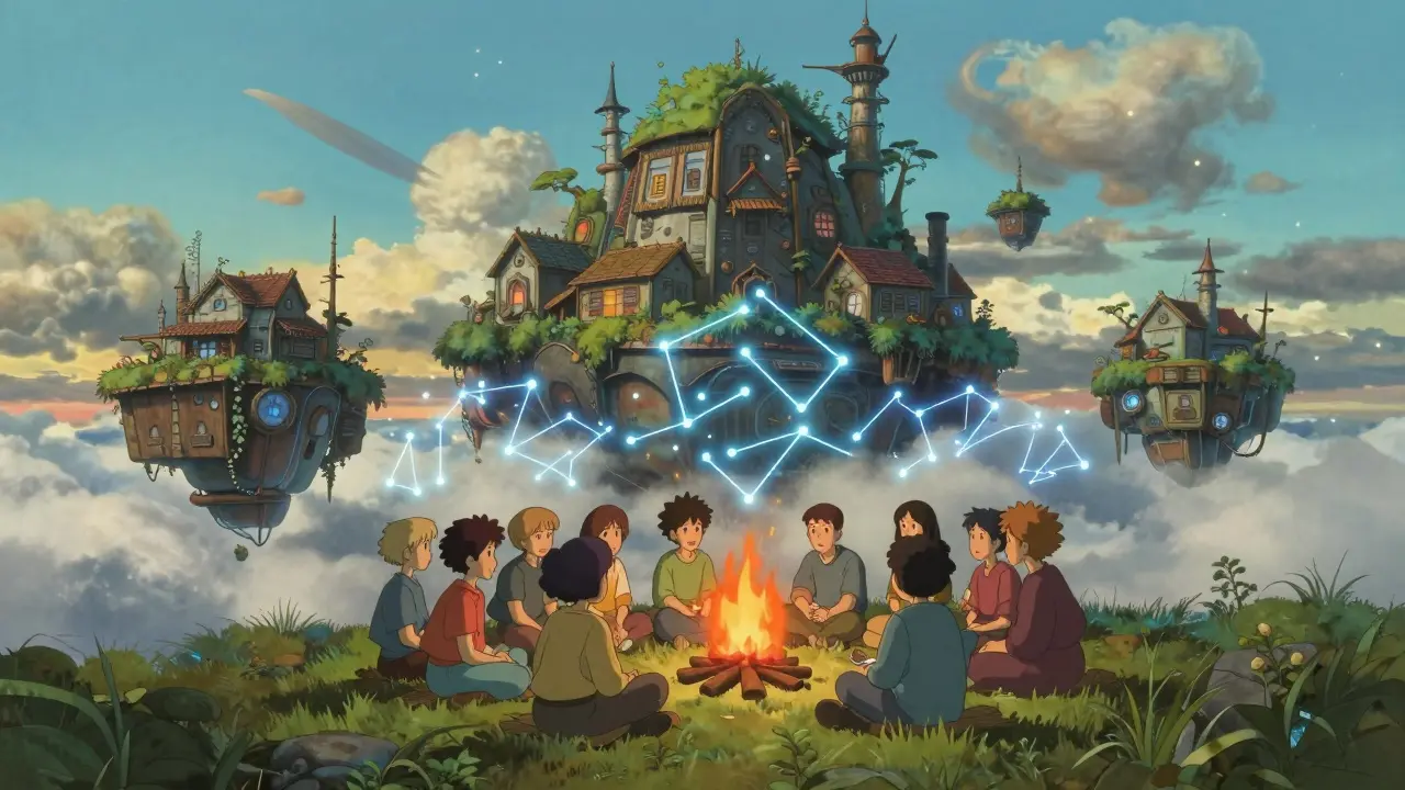 Anime style: Community of creators connected by glowing constellations in sky