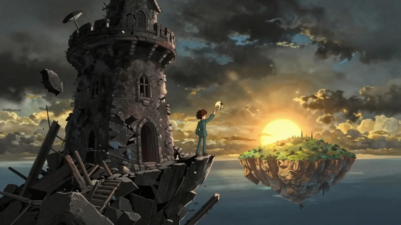 Anime style figure on crumbling tower holding broken token key