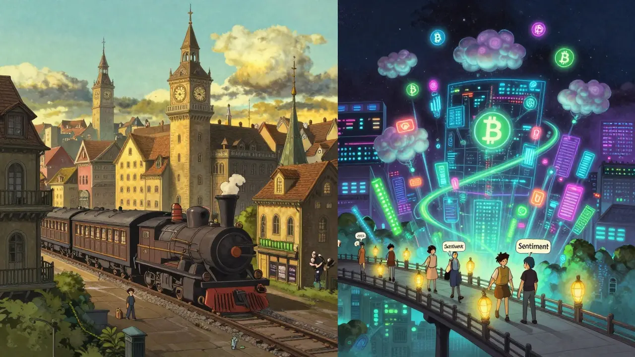 Anime-style split view comparing orderly stock markets with chaotic crypto realms.