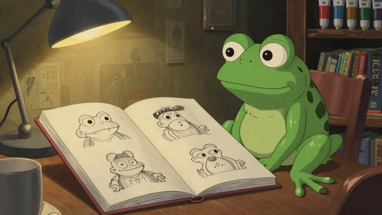 Artist studio with Doogle and Pepe sketches in Ghibli style