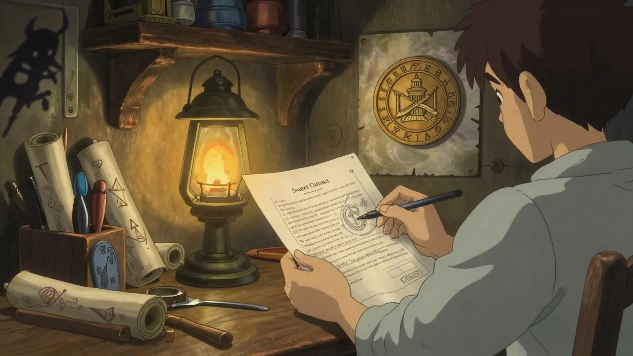Character verifying magical blueprints in a cozy workshop with caution