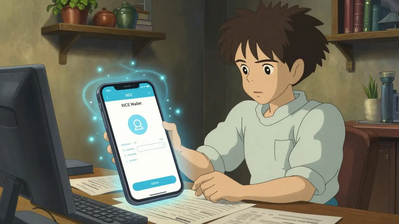 Character verifying wallet on phone with magical digital effects