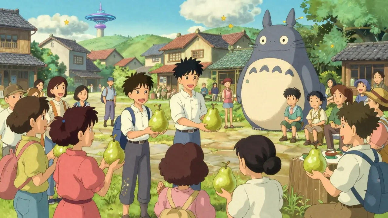 Community exchanging pear-shaped tokens in a bright, peaceful town square