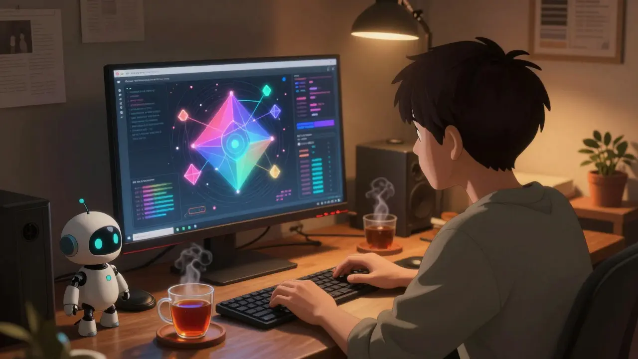 Cozy anime scene of a person researching crypto on a computer with warm lighting