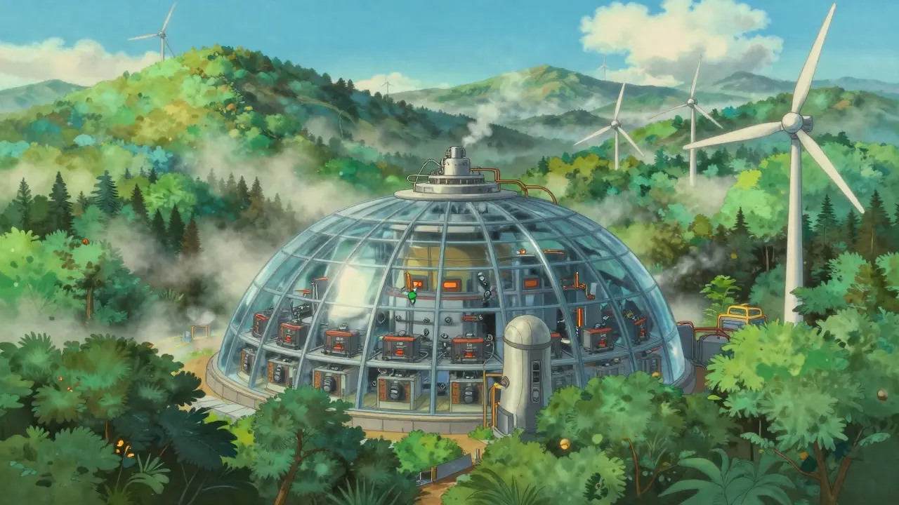Eco-friendly anime mining farm in a forest setting