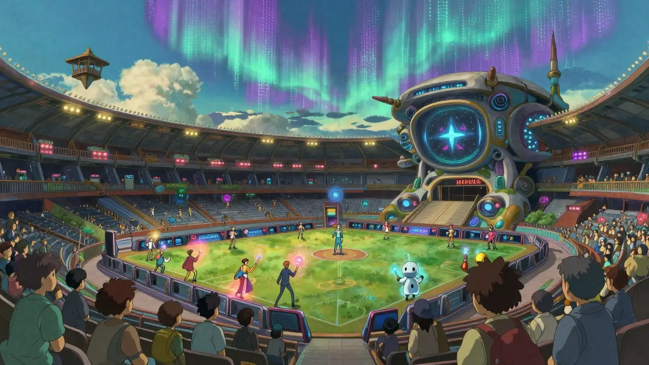 Fantasy esports arena with players using magic and AI robots under an aurora sky