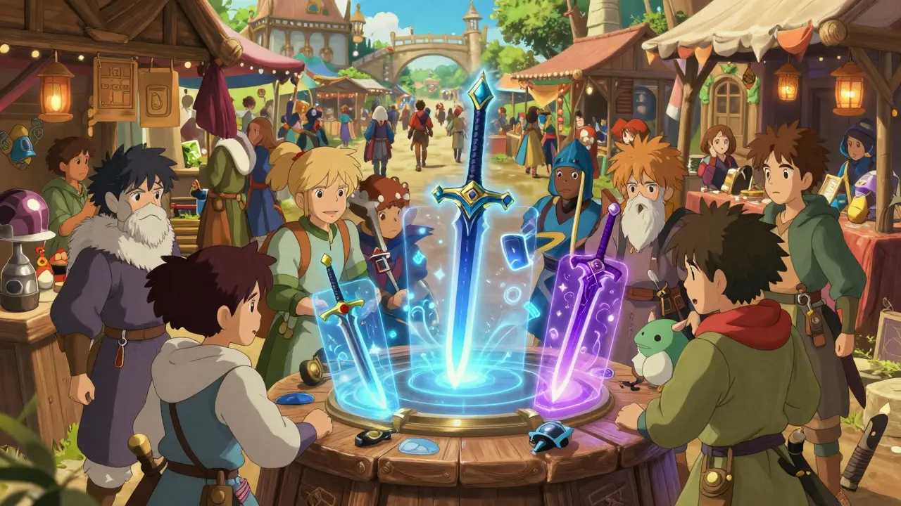 Fantasy heroes trading glowing NFT weapons in a vibrant, Ghibli-style marketplace.