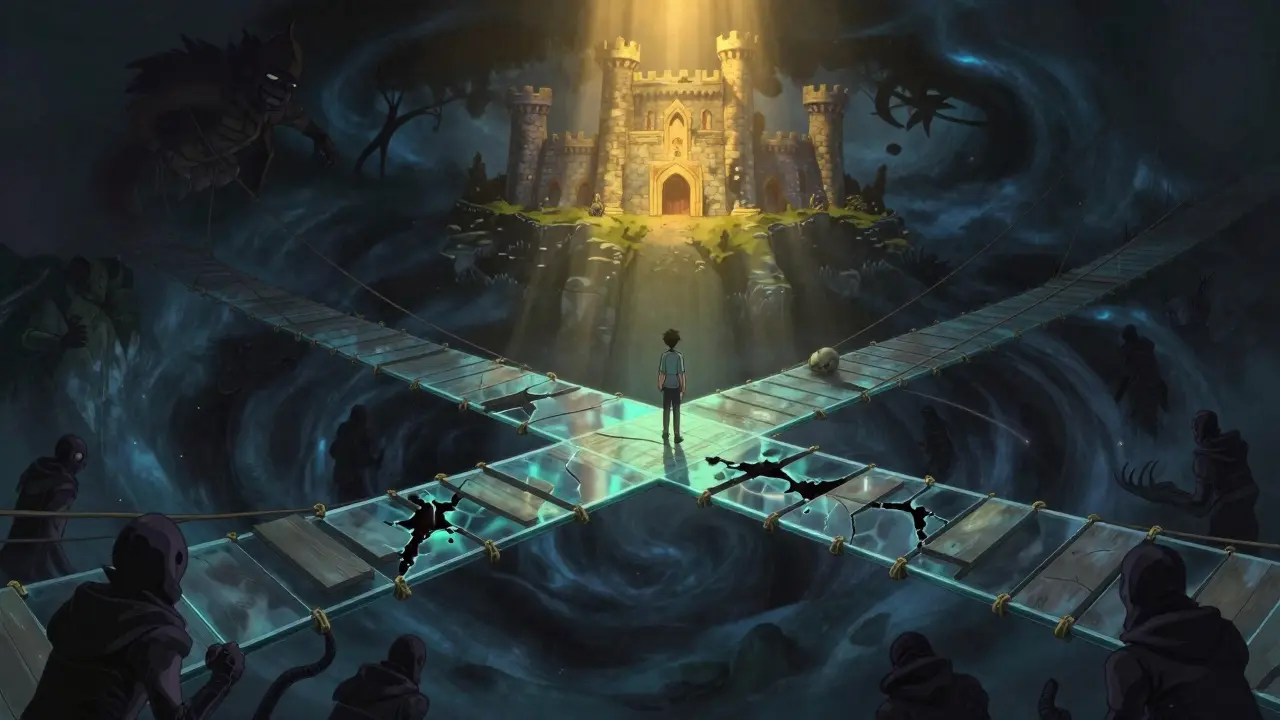 Fragile cracked bridge over abyss contrasting with safe distant castle