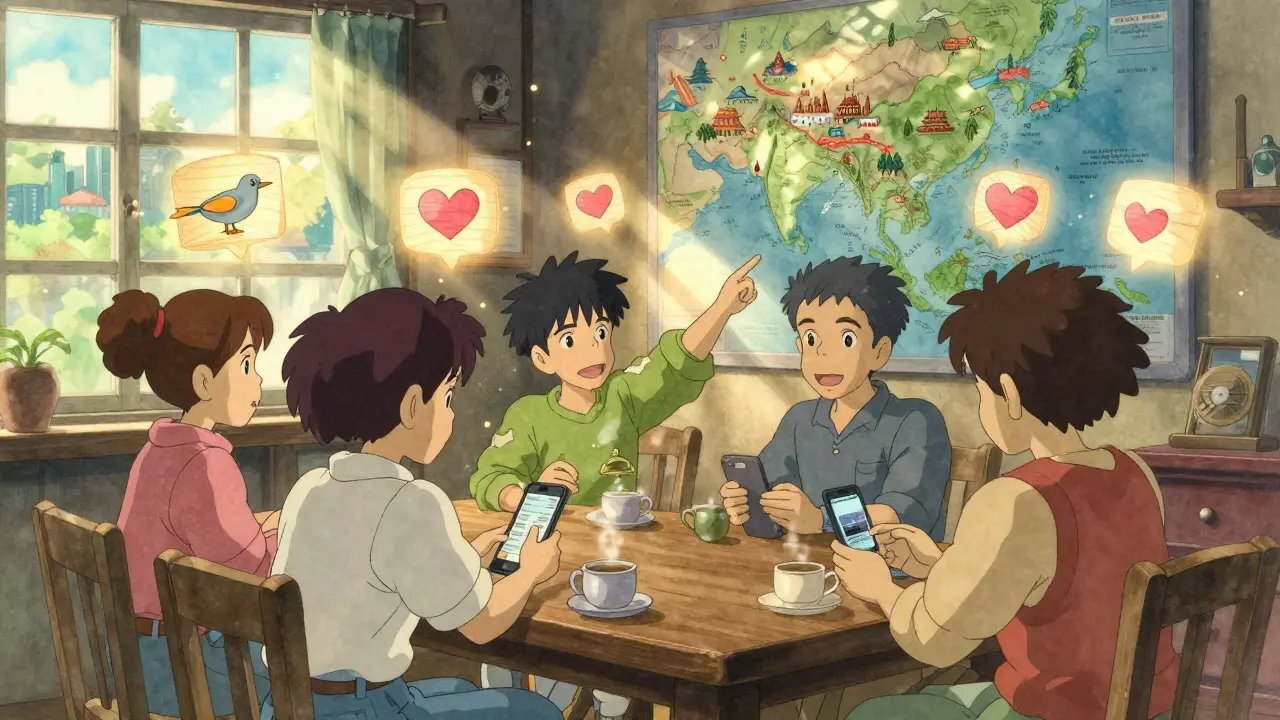 Friends gathering around a table with floating magical symbols representing social engagement