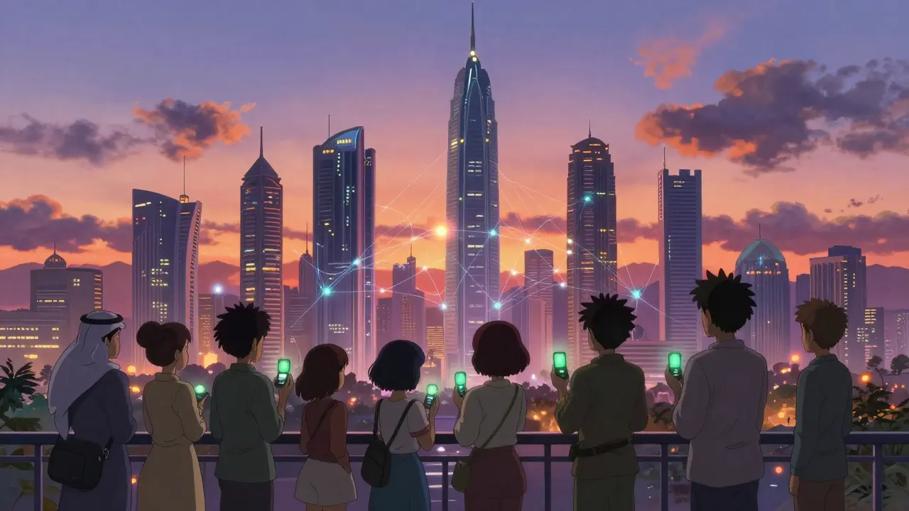 Futuristic GCC skyline with emerging digital finance networks