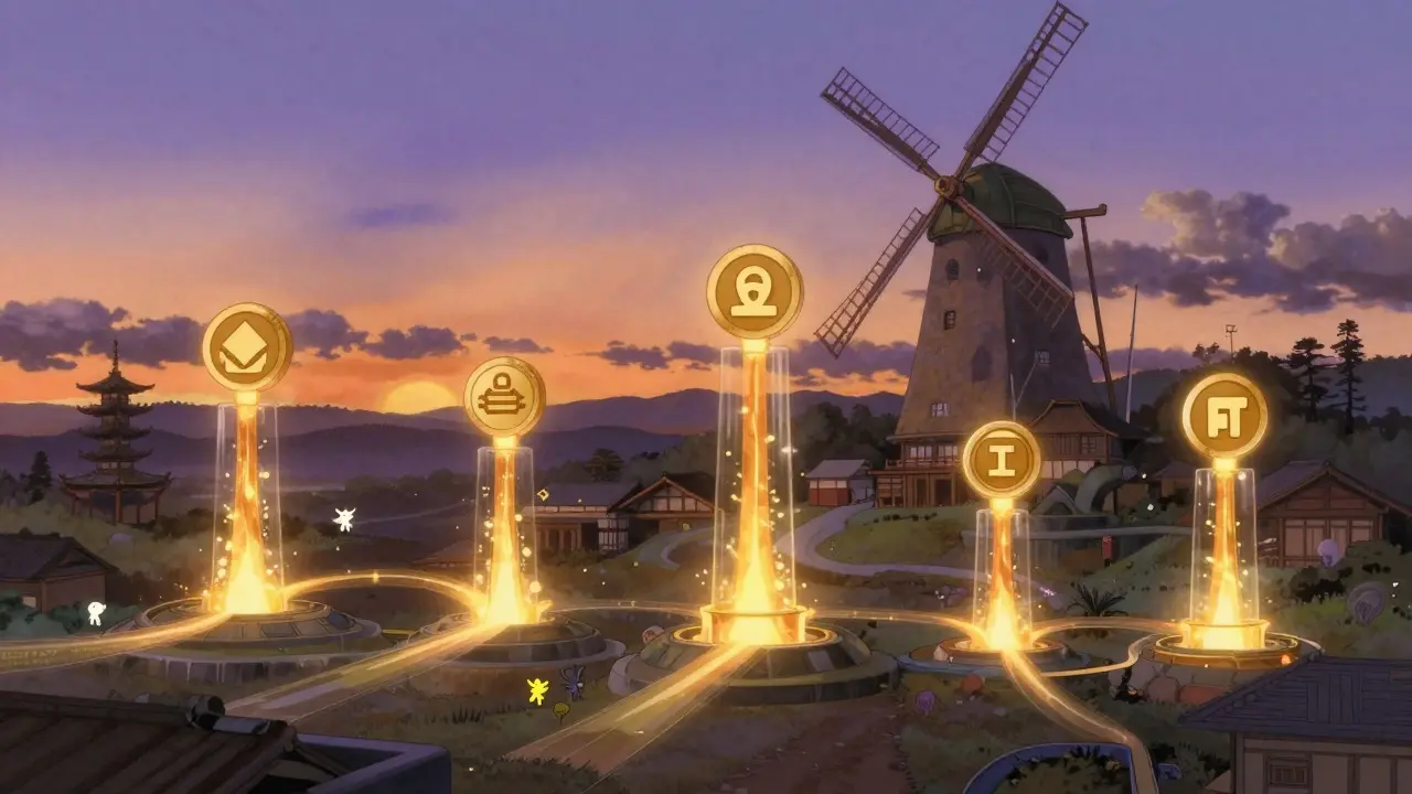 Futuristic landscape blending nature and blockchain technology
