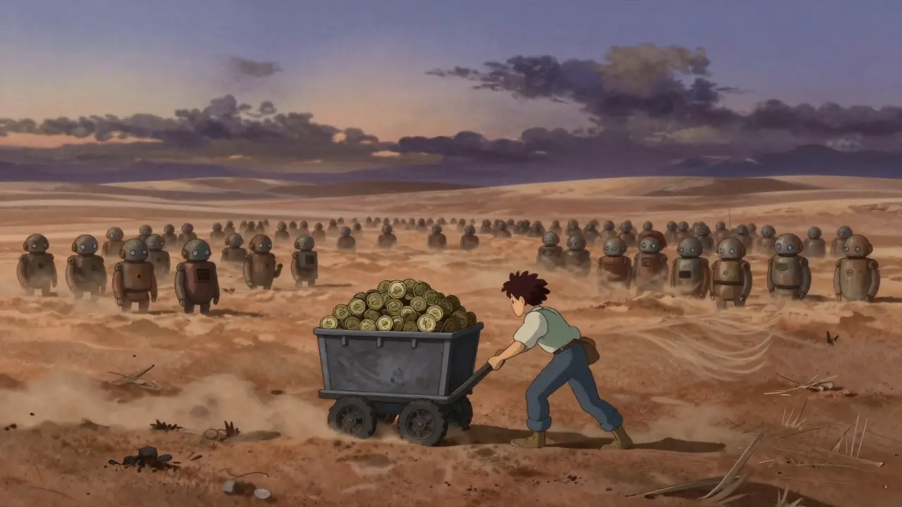 Ghibli style abandoned desert with stuck token carts and dust